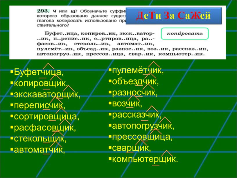 Буфетчица, копировщик, экскаваторщик, переписчик, сортировщица, расфасовщик, стекольщик, автоматчик,