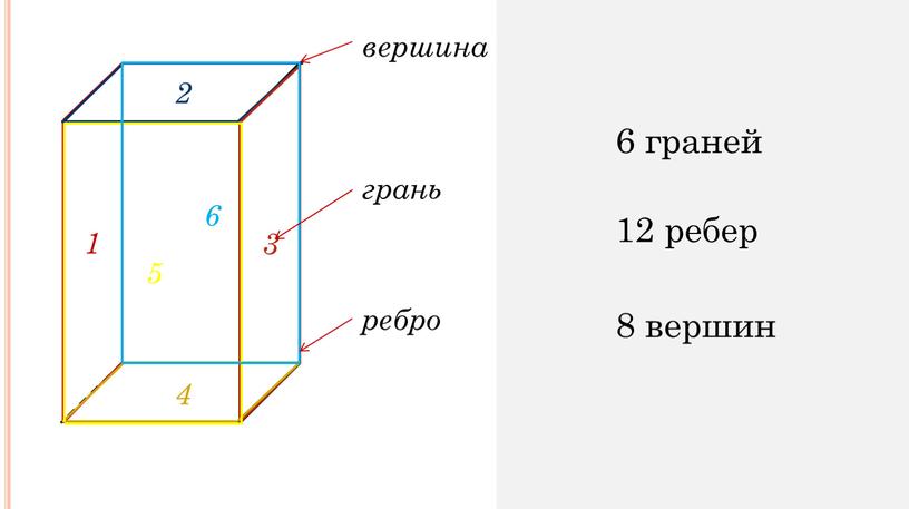 1 2 3 4 5 6 грань ребро вершина 6 граней 12 ребер 8 вершин