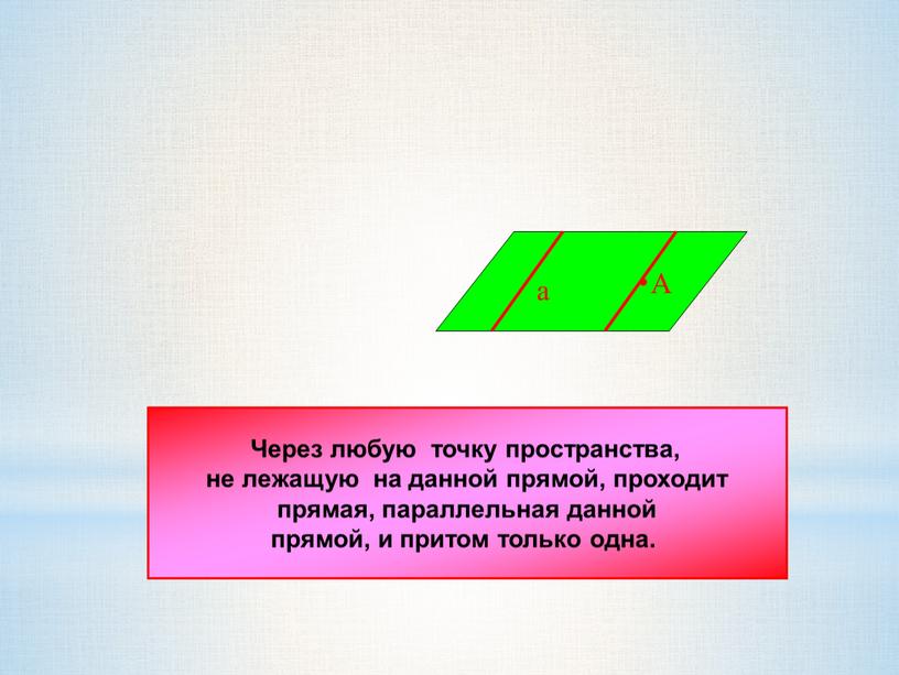 Через любую точку пространства, не лежащую на данной прямой, проходит прямая, параллельная данной прямой, и притом только одна