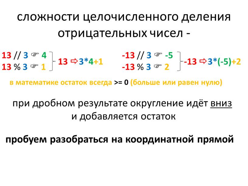 сложности целочисленного деления отрицательных чисел - 13 3*4+1 13 // 3  4 13 % 3  1 в математике остаток всегда >= 0 (больше…