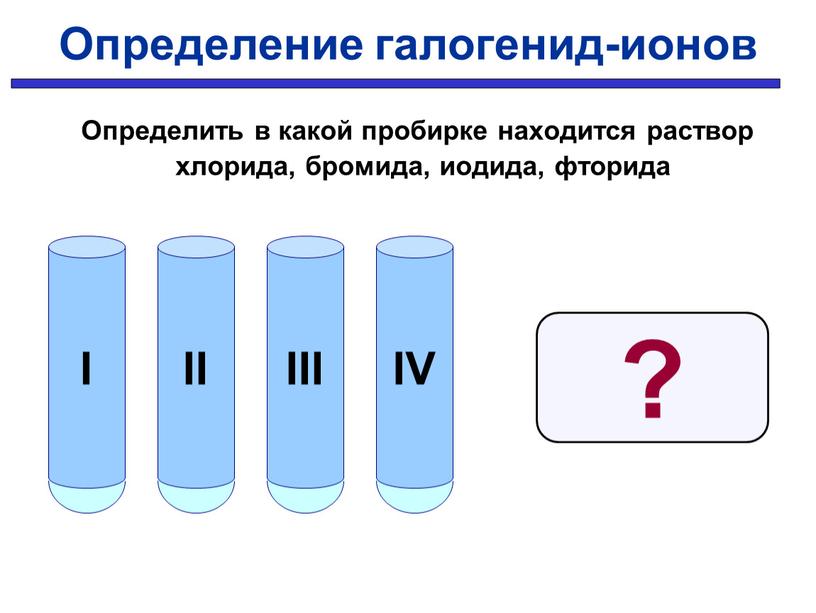 Определение галогенид-ионов Определить в какой пробирке находится раствор хлорида, бромида, иодида, фторида ?