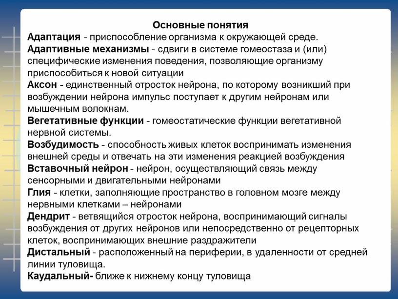 Основные понятия Адаптация - приспособление организма к окружающей среде