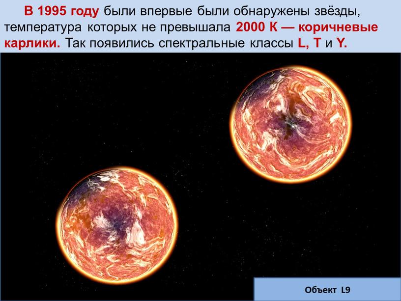 В 1995 году были впервые были обнаружены звёзды, температура которых не превышала 2000