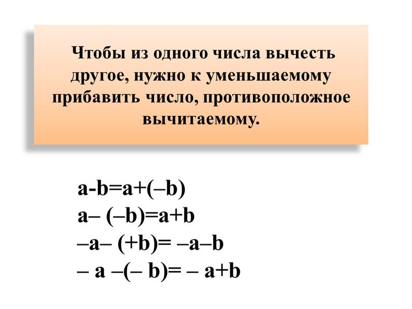 Чтобы из одного числа вычесть другое, нужно к уменьшаемому прибавить число, противоположное вычитаемому