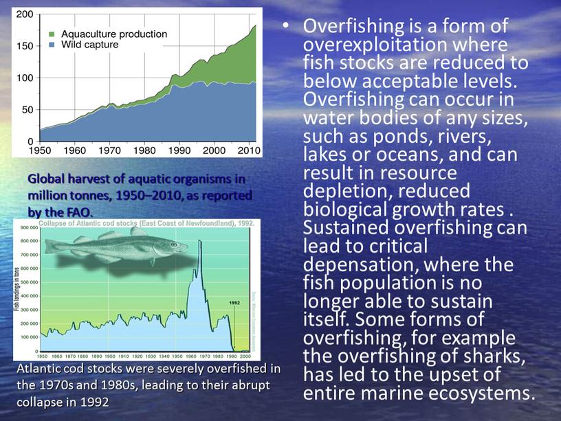 Overfishing is a form of overexploitation where fish stocks are reduced to below acceptable levels