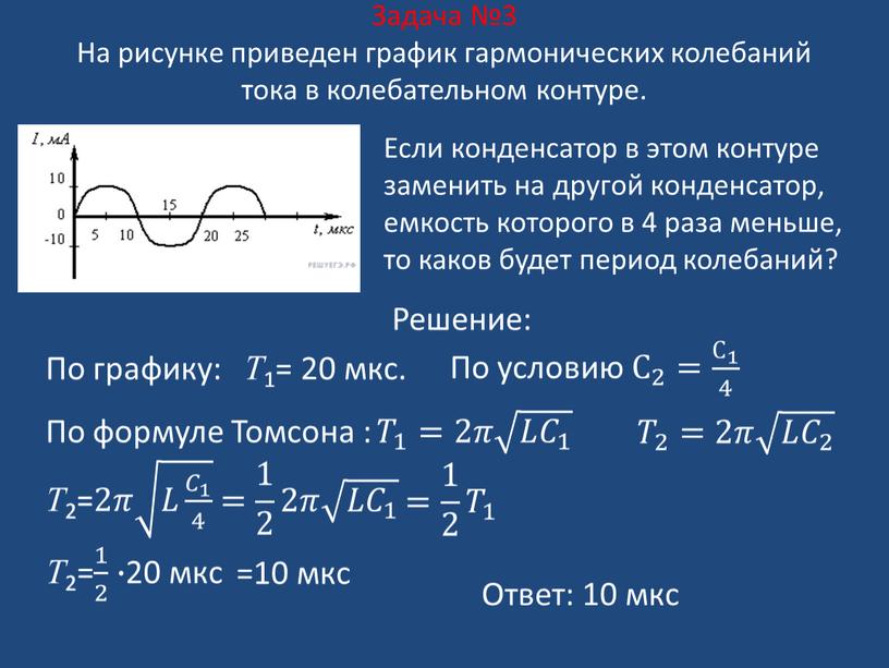 Задача №3 На рисунке приведен график гармонических колебаний тока в колебательном контуре