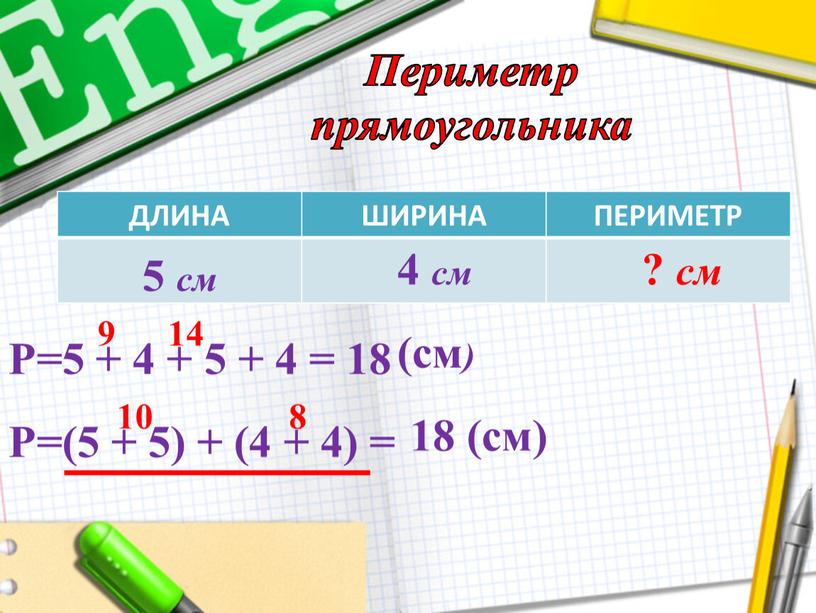 Периметр прямоугольника Р=5 + 4 + 5 + 4 = 18