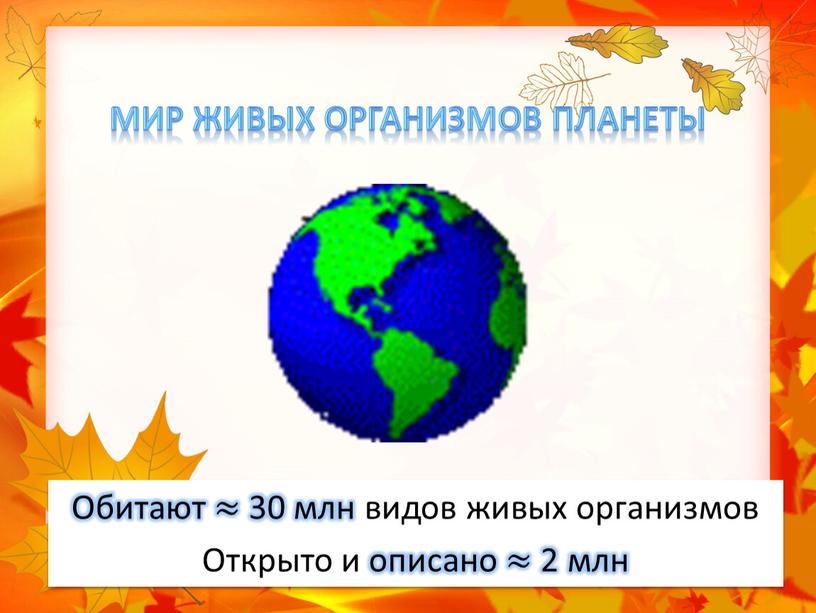 Мир живых организмов планеты Обитают ≈ 30 млн видов живых организмов