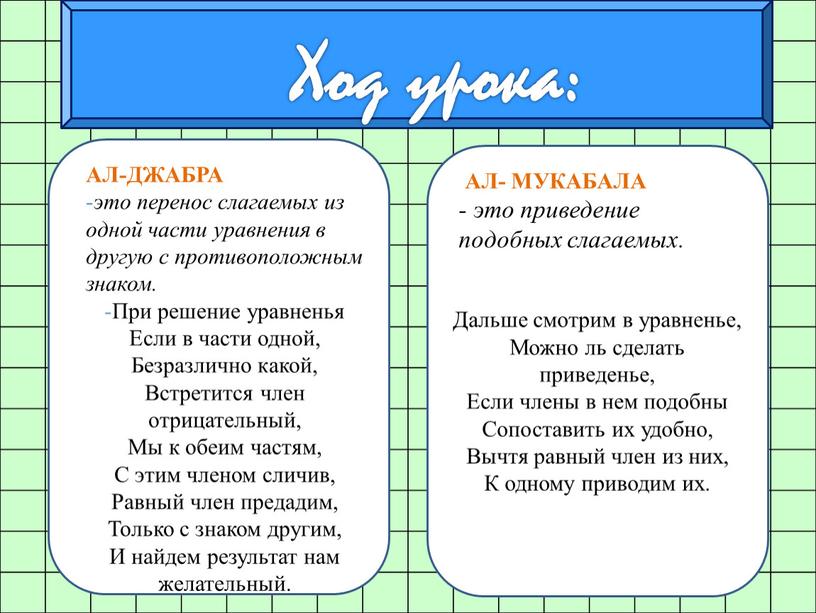 АЛ-ДЖАБРА это перенос слагаемых из одной части уравнения в другую с противоположным знаком