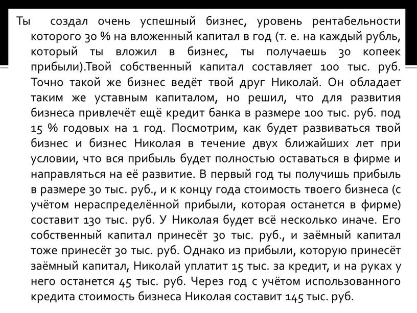 Ты создал очень успешный бизнес, уровень рентабельности которого 30 % на вложенный капитал в год (т