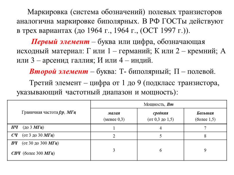 Маркировка (система обозначений) полевых транзисторов аналогична маркировке биполярных