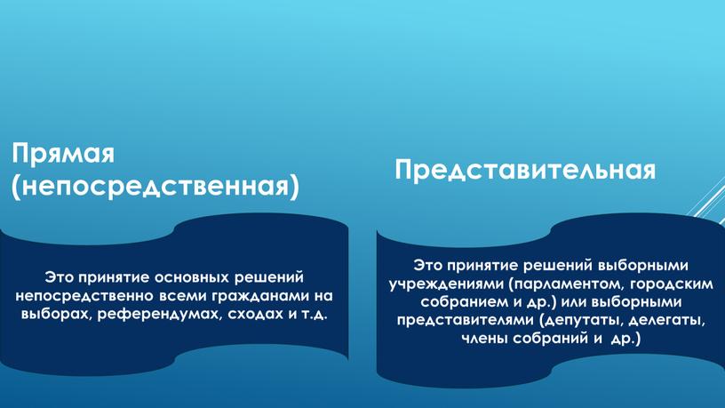 Формы демократии Это принятие решений выборными учреждениями (парламентом, городским собранием и др