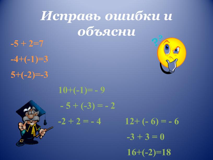 Исправь ошибки и объясни -5 + 2=7 -4+(-1)=3 5+(-2)=-3 10+(-1)= - 9 - 5 + (-3) = - 2 -2 + 2 = - 4…