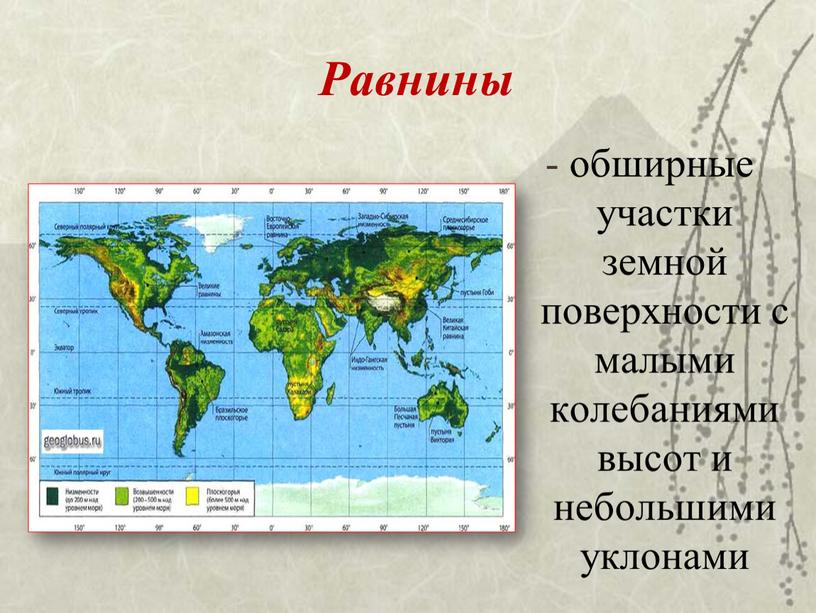 Равнины - обширные участки земной поверхности с малыми колебаниями высот и небольшими уклонами