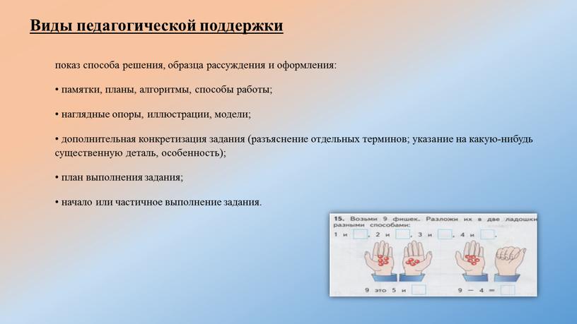 Виды педагогической поддержки показ способа решения, образца рассуждения и оформления: • памятки, планы, алгоритмы, способы работы; • наглядные опоры, иллюстрации, модели; • дополнительная конкретизация задания…