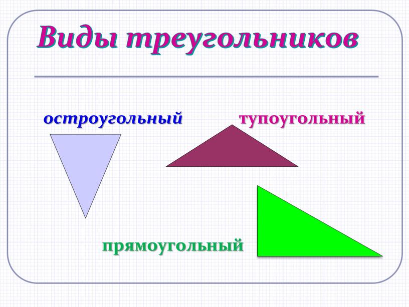 Виды треугольников остроугольный тупоугольный прямоугольный