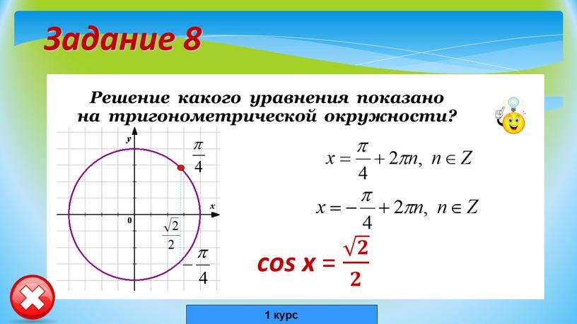 Задание 8 Решение какого уравнения показано на тригонометрической окружности? cos x = 𝟐 𝟐 𝟐 𝟐 𝟐𝟐 𝟐 𝟐 𝟐 𝟐𝟐 𝟐 𝟐 1 курс