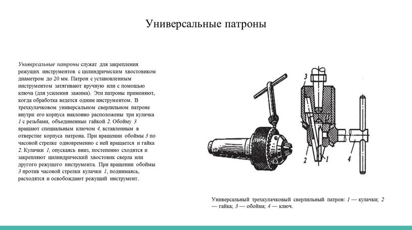 Универсальные патроны Универсальные патроны служат для закрепления режущих инструментов с цилиндрическим хвостовиком диаметром до 20 мм