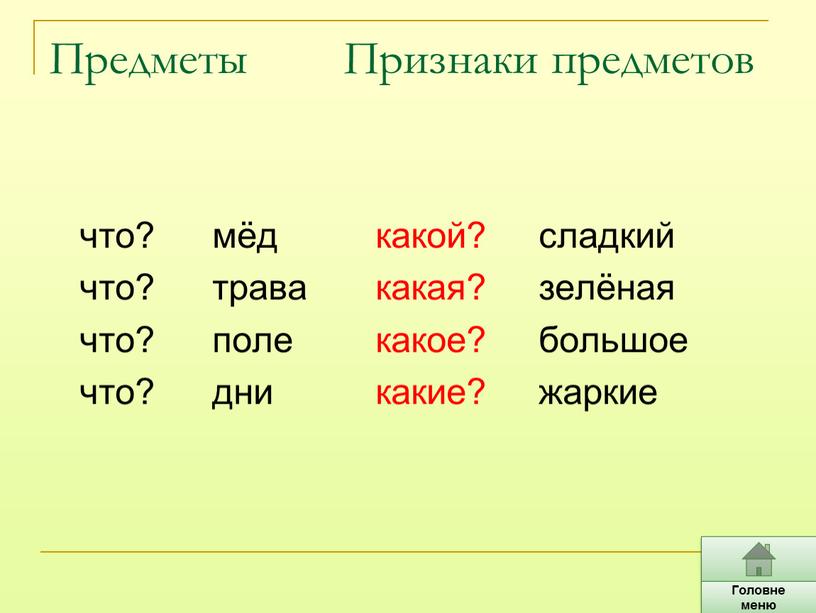 Предметы Признаки предметов что? мёд какой? сладкий что? трава какая? зелёная что? поле какое? большое что? дни какие? жаркие