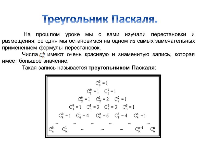 Треугольник Паскаля. На прошлом уроке мы с вами изучали перестановки и размещения, сегодня мы остановимся на одном из самых замечательных применением формулы перестановок