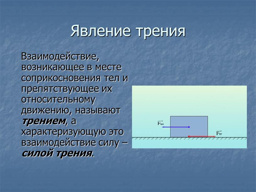 Явление трения Взаимодействие, возникающее в месте соприкосновения тел и препятствующее их относительному движению, называют трением , а характеризующую это взаимодействие силу – силой трения