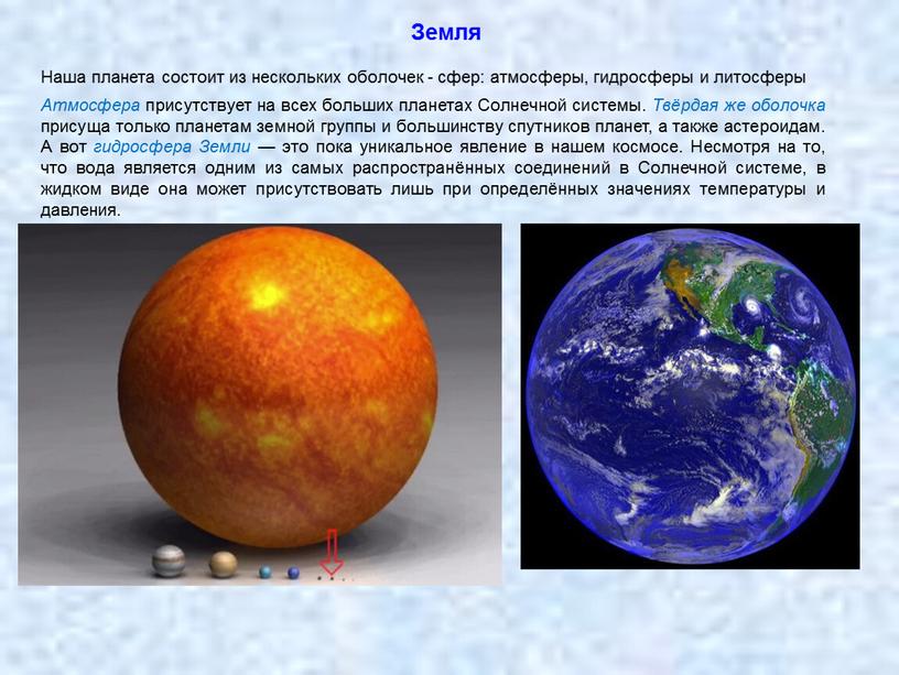 Наша планета состоит из нескольких оболочек - сфер: атмосферы, гидросферы и литосферы