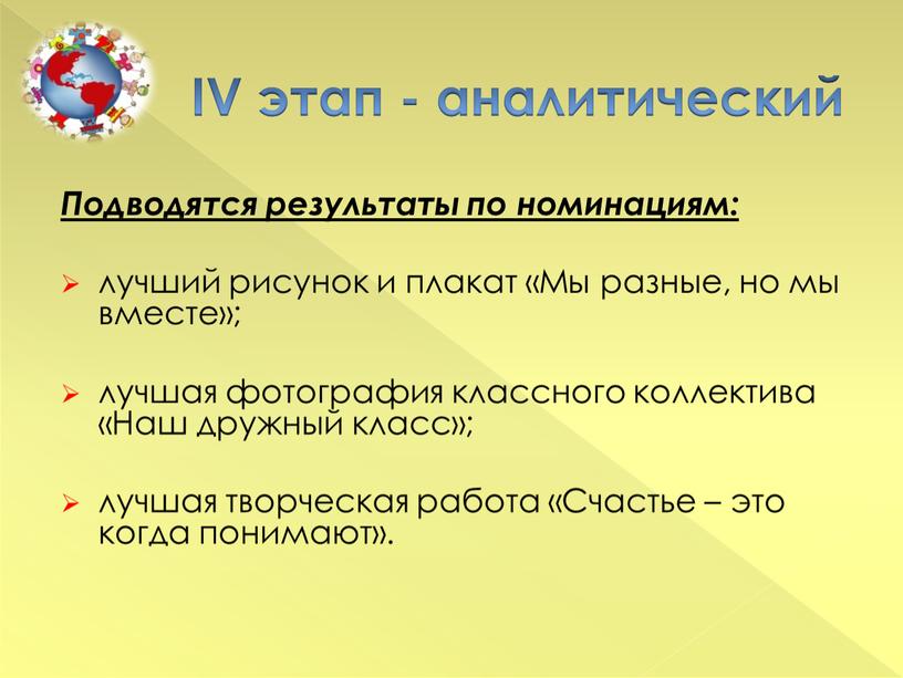 IV этап - аналитический Подводятся результаты по номинациям: лучший рисунок и плакат «Мы разные, но мы вместе»; лучшая фотография классного коллектива «Наш дружный класс»; лучшая…