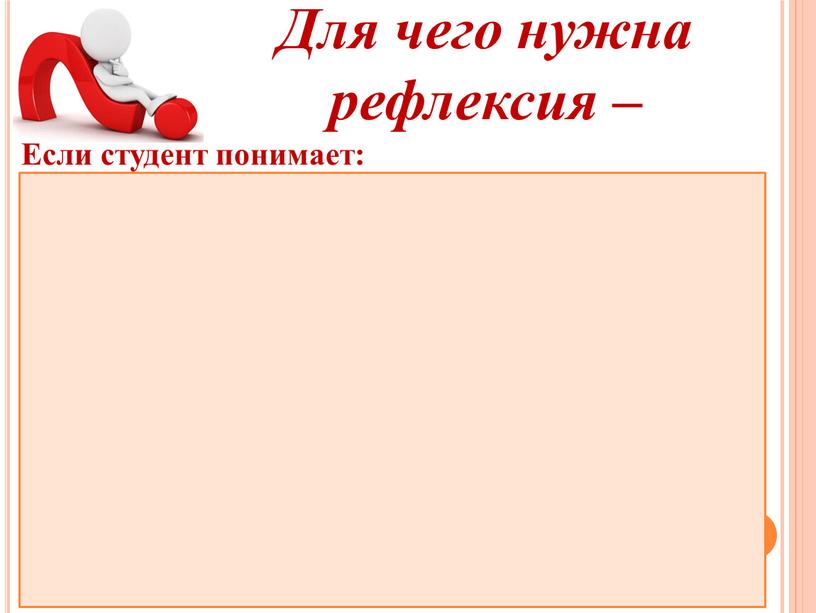 Если студент понимает: * ради чего он изучает данную тему, как она ему пригодится в будущем; * какие цели должны быть достигнуты именно на этом…