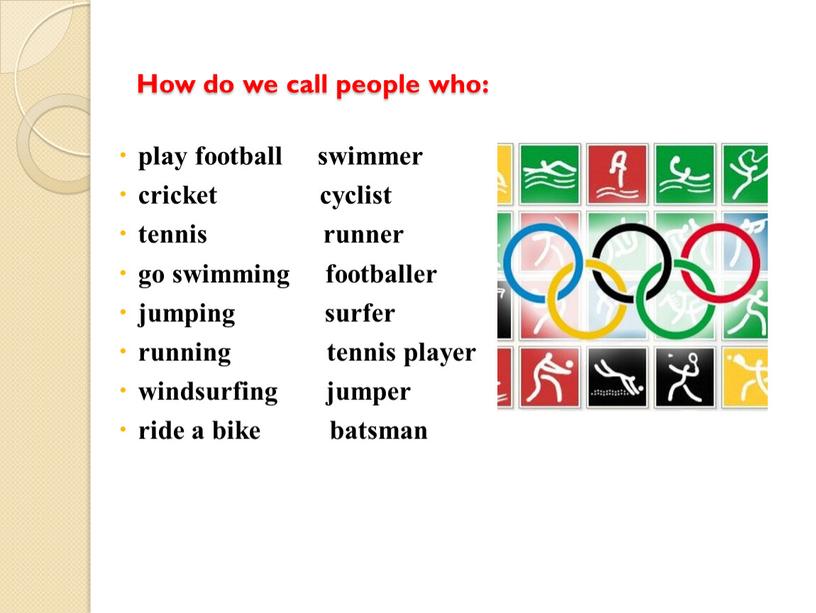 How do we call people who: play football swimmer cricket cyclist tennis runner go swimming footballer jumping surfer running tennis player windsurfing jumper ride a…