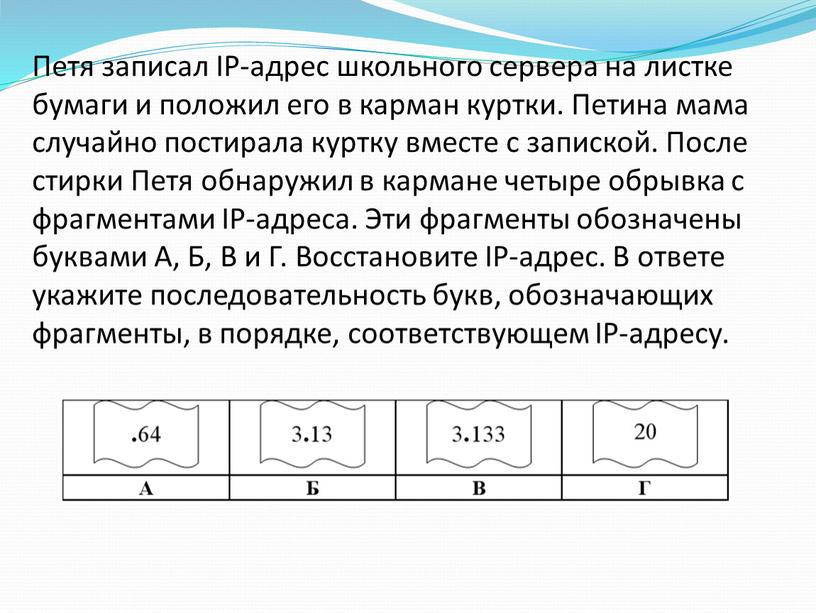 Петя записал IP-адрес школьного сервера на листке бумаги и положил его в карман куртки