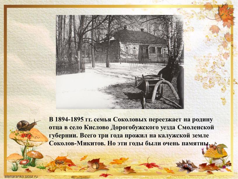 В 1894-1895 гг. семья Соколовых переезжает на родину отца в село