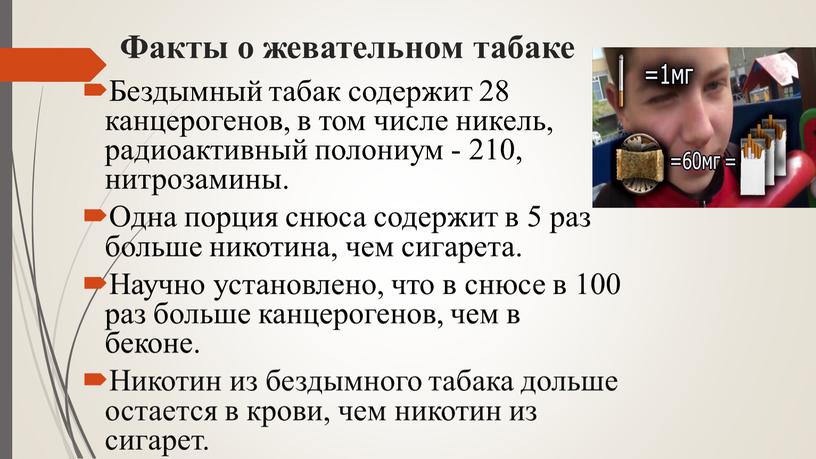 Факты о жевательном табаке Бездымный табак содержит 28 канцерогенов, в том числе никель, радиоактивный полониум - 210, нитрозамины