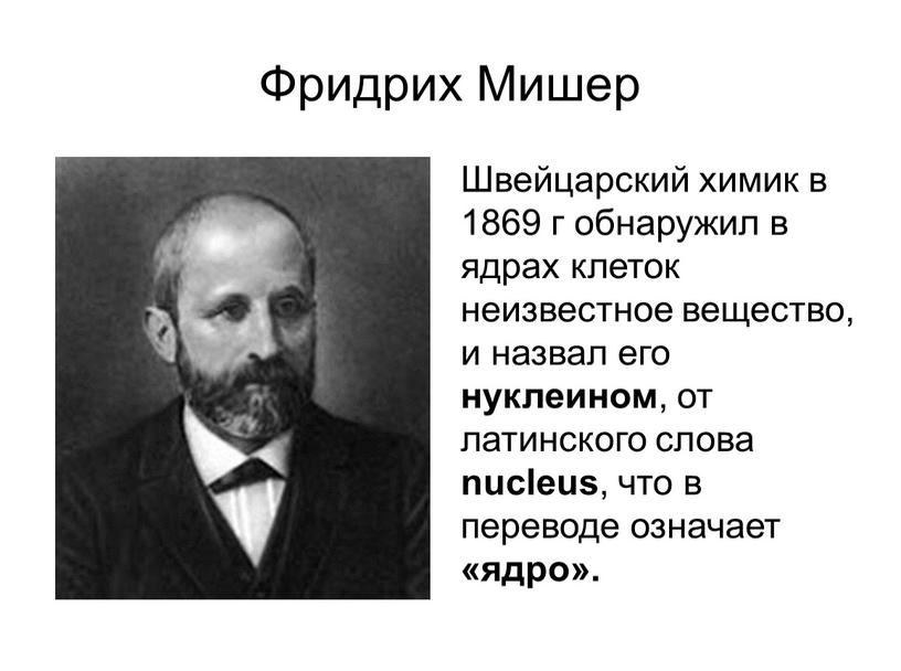 Фридрих Мишер Швейцарский химик в 1869 г обнаружил в ядрах клеток неизвестное вещество, и назвал его нуклеином , от латинского слова nucleus , что в…