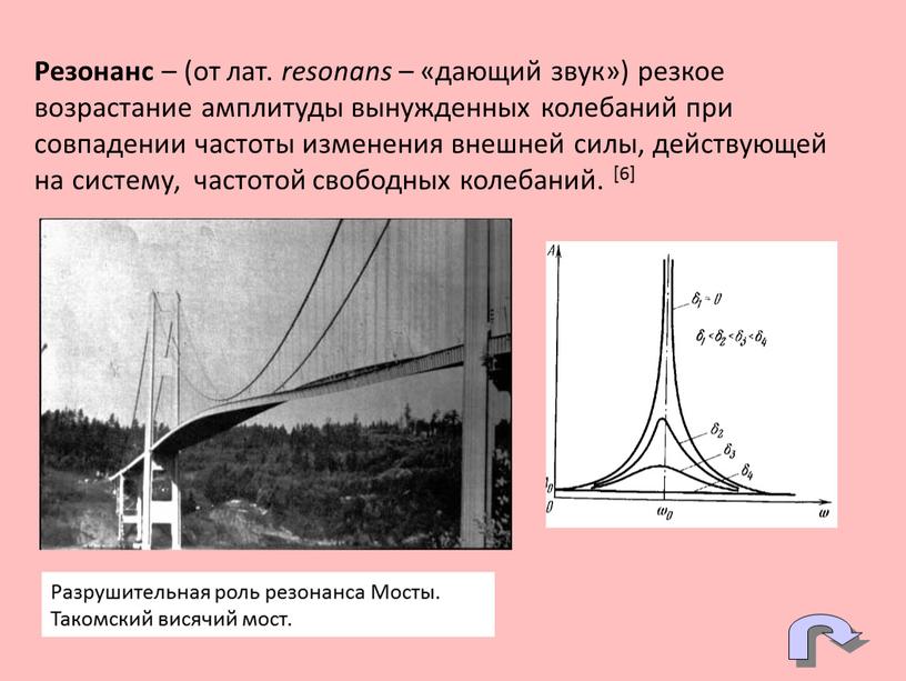 Резонанс – (от лат. resonans – «дающий звук») резкое возрастание амплитуды вынужденных колебаний при совпадении частоты изменения внешней силы, действующей на систему, частотой свободных колебаний