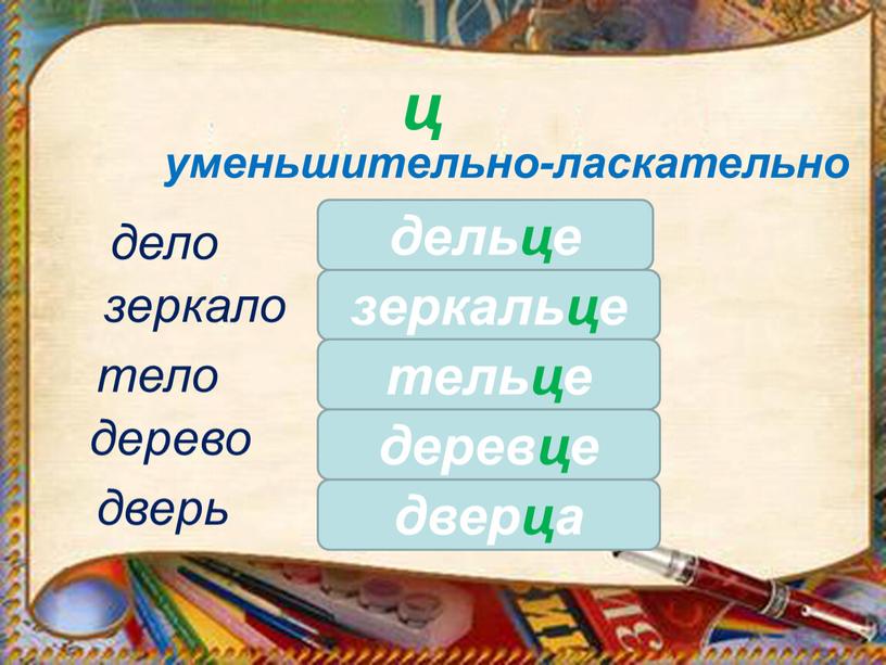 ц уменьшительно-ласкательно дверь дельце дело зеркало тело дерево зеркальце тельце деревце дверца