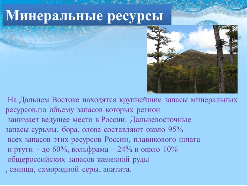 На Дальнем Востоке находятся крупнейшие запасы минеральных ресурсов,по объему запасов которых регион занимает ведущее место в