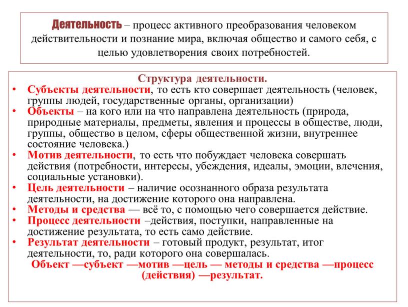 Деятельность – процесс активного преобразования человеком действительности и познание мира, включая общество и самого себя, с целью удовлетворения своих потребностей