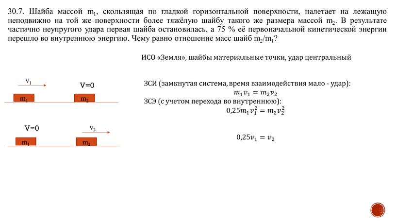 Шайба массой m1, скользящая по гладкой горизонтальной поверхности, налетает на лежащую неподвижно на той же поверхности более тяжёлую шайбу такого же размера массой m2