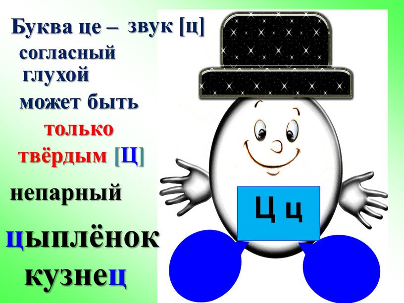 Буква це – звук [ц] согласный глухой может быть только твёрдым [Ц] цыплёнок кузнец