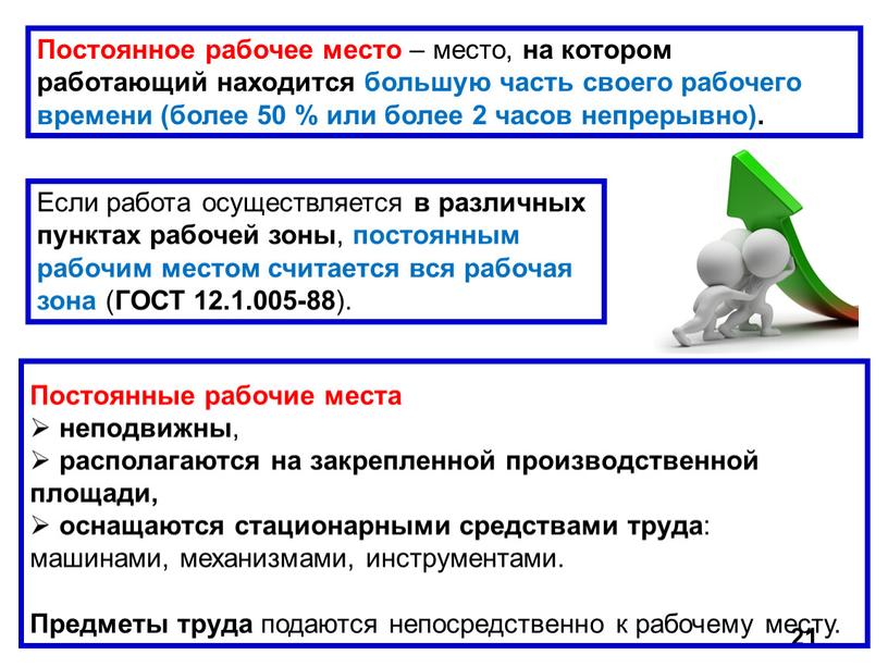 Постоянные рабочие места неподвижны , располагаются на закрепленной производственной площади, оснащаются стационарными средствами труда : машинами, механизмами, инструментами