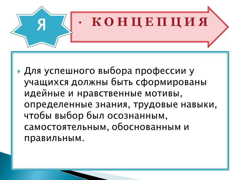 Для успешного выбора профессии у учащихся должны быть сформированы идейные и нравственные мотивы, определенные знания, трудовые навыки, чтобы выбор был осознанным, самостоятельным, обоснованным и правильным