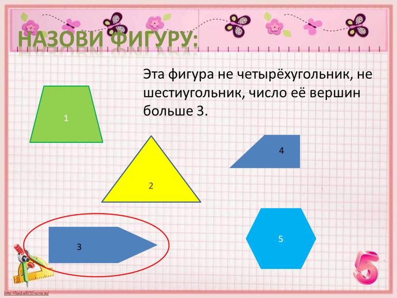 Назови фигуру: Эта фигура не четырёхугольник, не шестиугольник, число её вершин больше 3