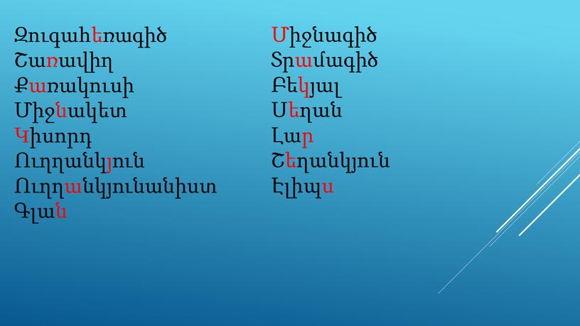 Զուգահեռագիծ Շառավիղ Քառակուսի Միջնակետ Կիսորդ Ուղղանկյուն Ուղղանկյունանիստ Գլան Միջնագիծ Տրամագիծ Բեկյալ Սեղան Լար Շեղանկյուն Էլիպս