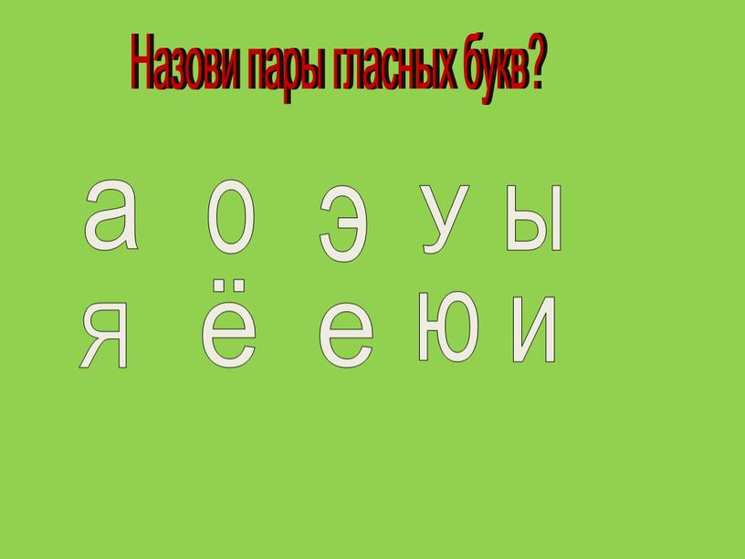 Назови пары гласных букв? а Я о ё у ю ы и э е