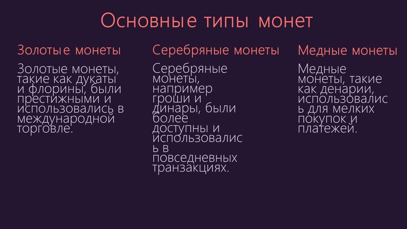 Основные типы монет Золотые монеты