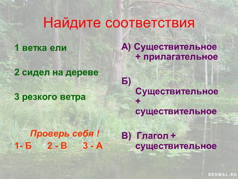 Найдите соответствия 1 ветка ели 2 сидел на дереве 3 резкого ветра