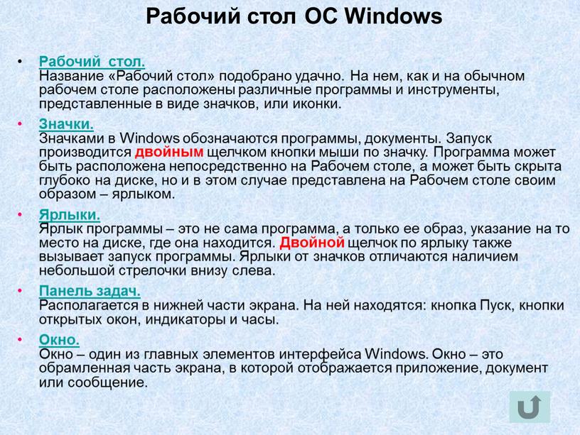 Рабочий стол ОС Windows Рабочий стол
