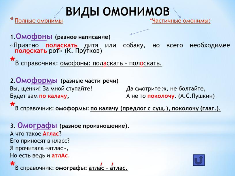 ВИДЫ ОМОНИМОВ Полные омонимы *