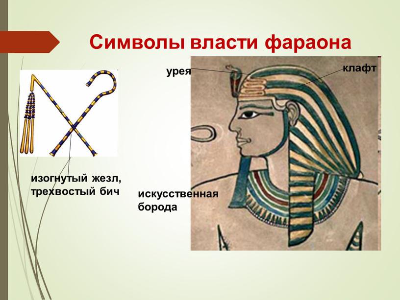 Символы власти фараона изогнутый жезл, трехвостый бич клафт урея искусственная борода