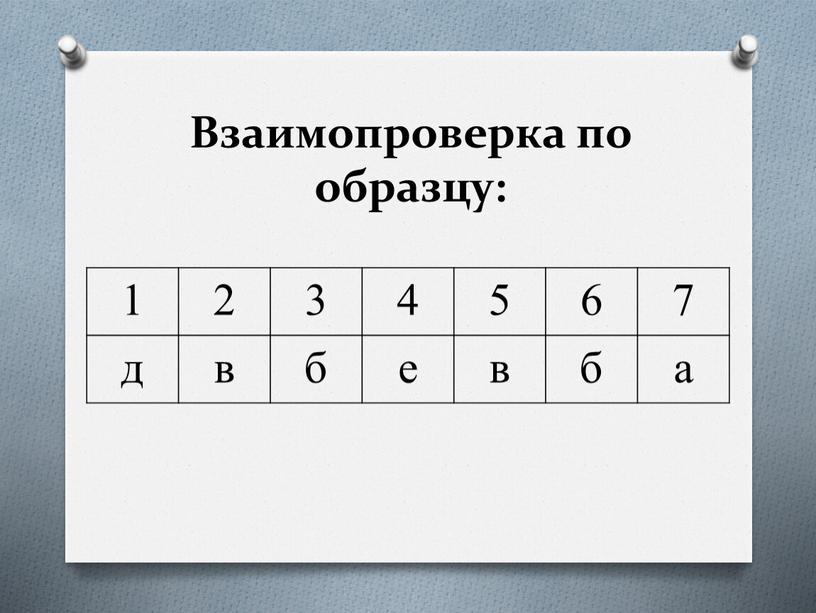 Взаимопроверка по образцу: 1 2 3 4 5 6 7 д в б е в б а